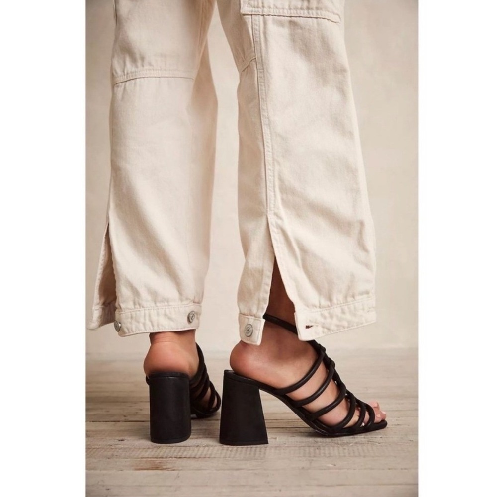 Free People Colette Cinched Heels Sandals Black Leather Block Heel 38 8